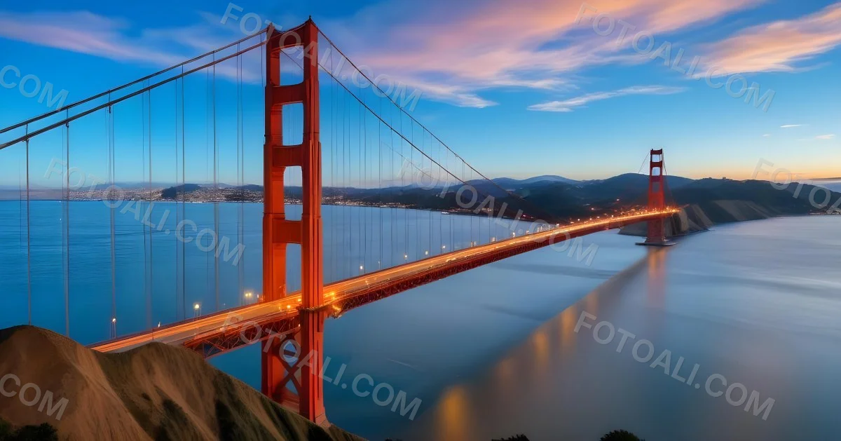 Golden Gate Bridge At Sunset With A Blue Sky And Clouds The Water Is Calm And Reflects The Colors Of The Sky 23 F247