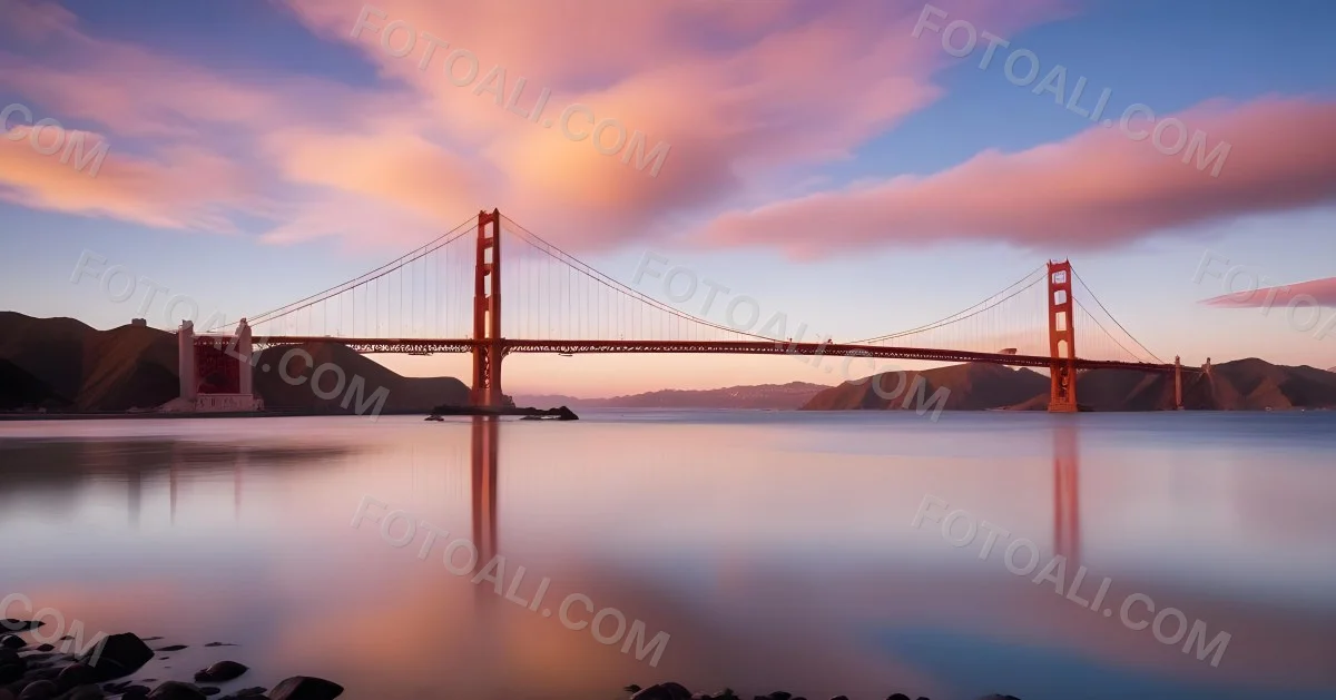 Golden Gate Bridge At Sunset With A Blue Sky And Clouds The Water Is Calm And Reflects The Colors Of The Sky 3 E067