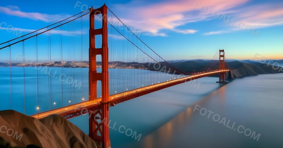 Golden Gate Bridge At Sunset With A Blue Sky And Clouds The Water Is Calm And Reflects The Colors Of The Sky 38 2b5f