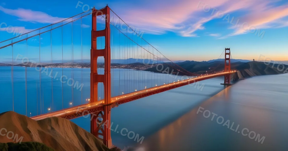 Golden Gate Bridge At Sunset With A Blue Sky And Clouds The Water Is Calm And Reflects The Colors Of The Sky 39 F6ae