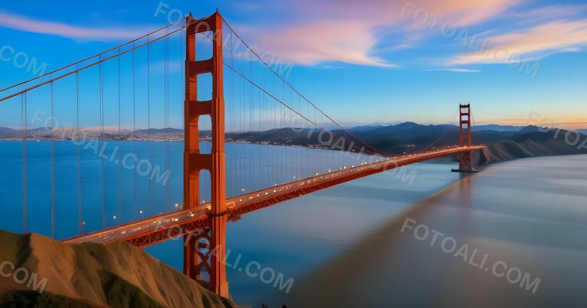 Golden Gate Bridge At Sunset With A Blue Sky And Clouds The Water Is Calm And Reflects The Colors Of The Sky 41 673a