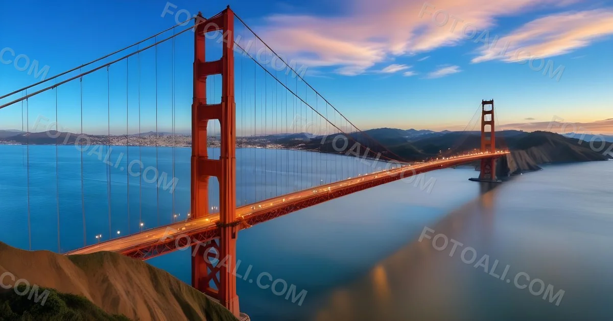 Golden Gate Bridge At Sunset With A Blue Sky And Clouds The Water Is Calm And Reflects The Colors Of The Sky 42 200a