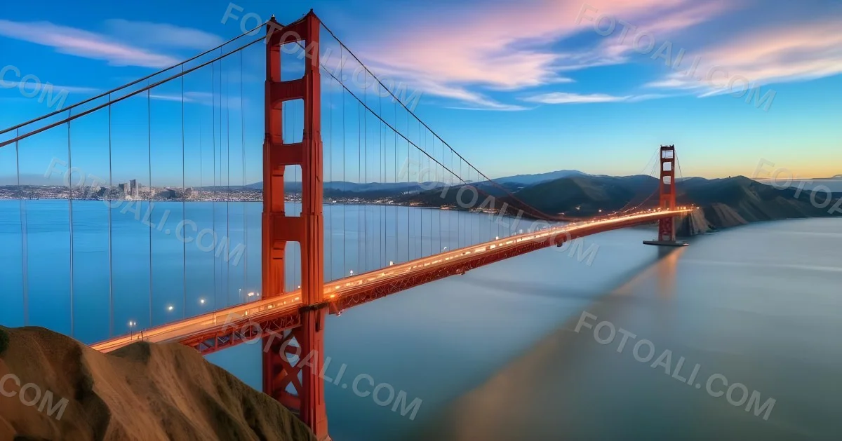 Golden Gate Bridge At Sunset With A Blue Sky And Clouds The Water Is Calm And Reflects The Colors Of The Sky 43 1e01