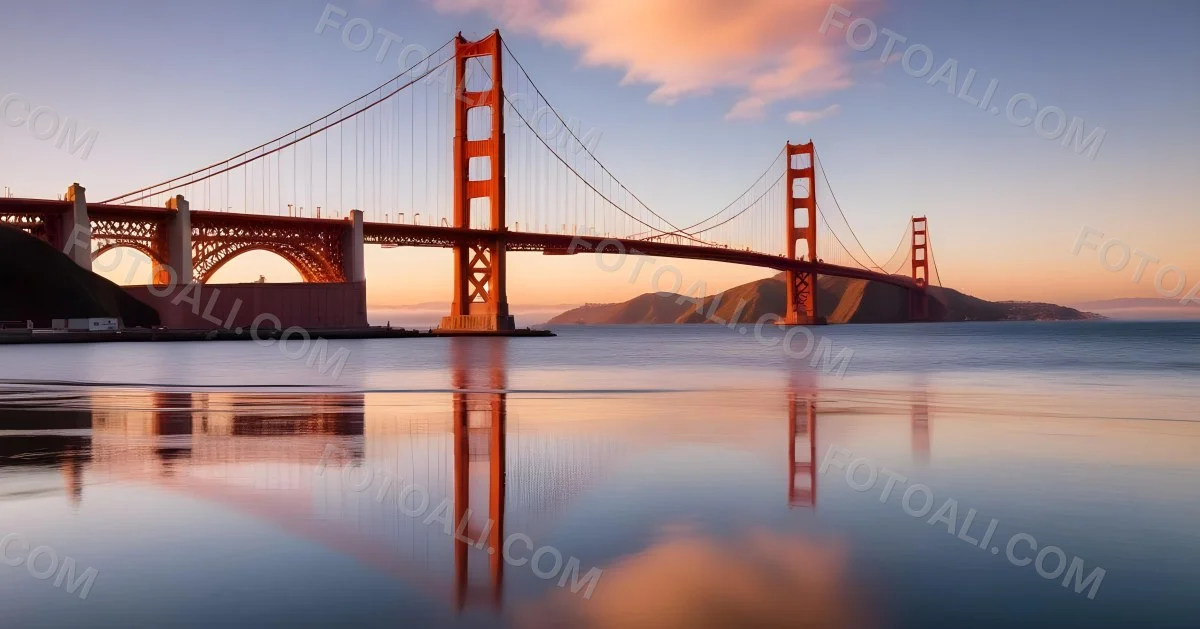Golden Gate Bridge At Sunset With A Blue Sky And Clouds The Water Is Calm And Reflects The Colors Of The Sky 6 Bff3