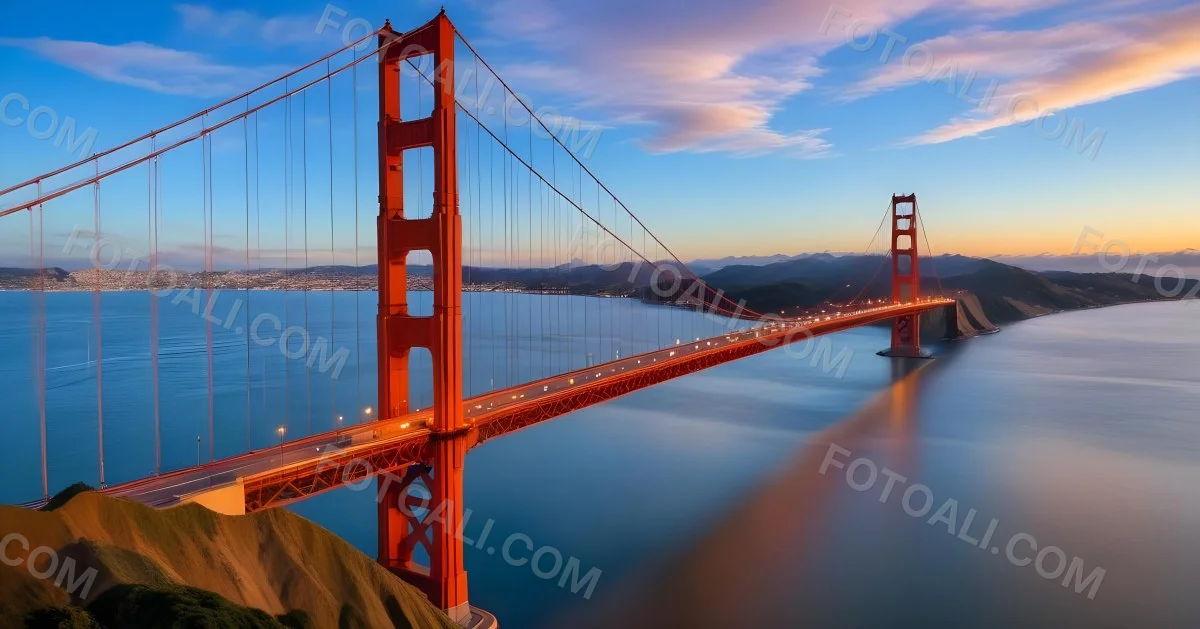 Golden Gate Bridge At Sunset With A Blue Sky And Clouds The Water Is Calm And Reflects The Colors Of The Sky 7 1121