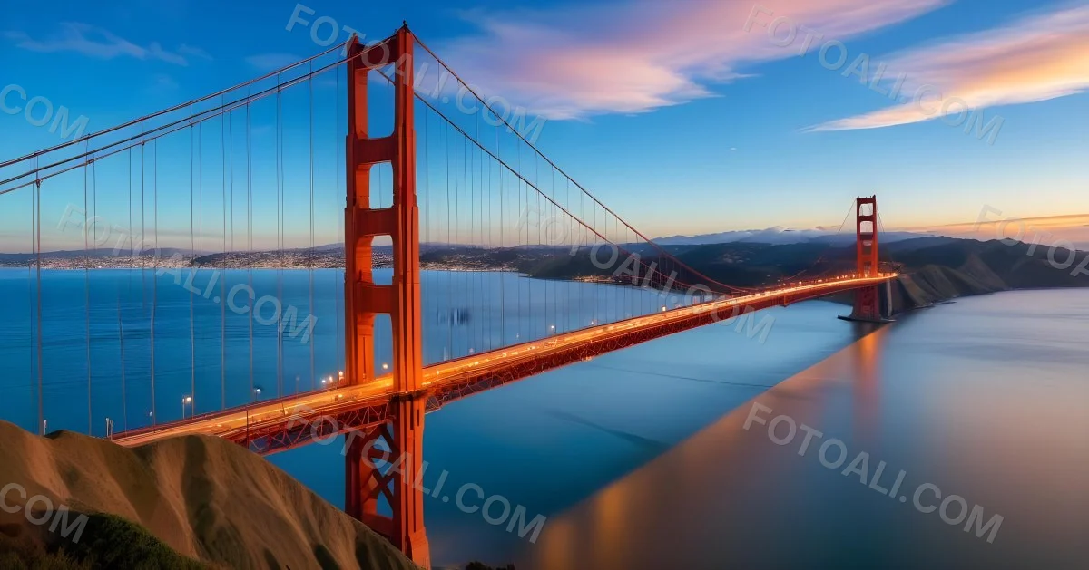 Golden Gate Bridge At Sunset With A Blue Sky And Clouds The Water Is Calm And Reflects The Colors Of The Sky 9 9a19