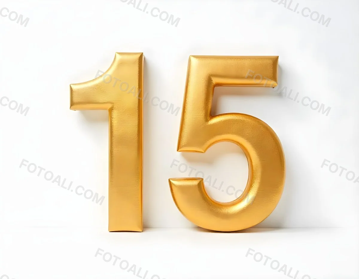 Golden Number Fifteen On A White Background Smooth Surface Metallic Material Studio Lighting High Resolution Clean Design Elegant Typography Minimalist Composition 8 D6e2