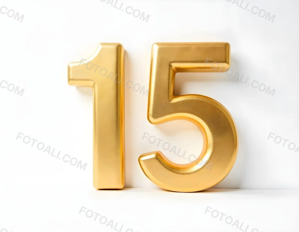 Golden Number Fifteen On A White Background Smooth Surface Metallic Material Studio Lighting High Resolution Clean Design Elegant Typography Minimalist Composition 9 A440