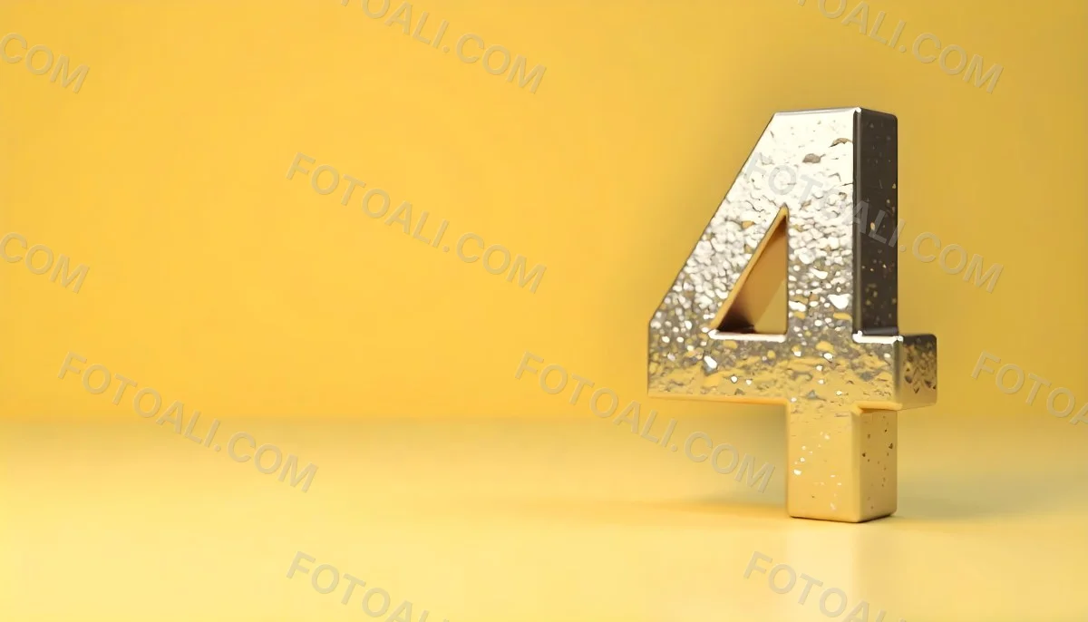 Golden Number Four With A Rough Texture Standing On A Reflective Surface With A Soft Yellow Background 10 2253