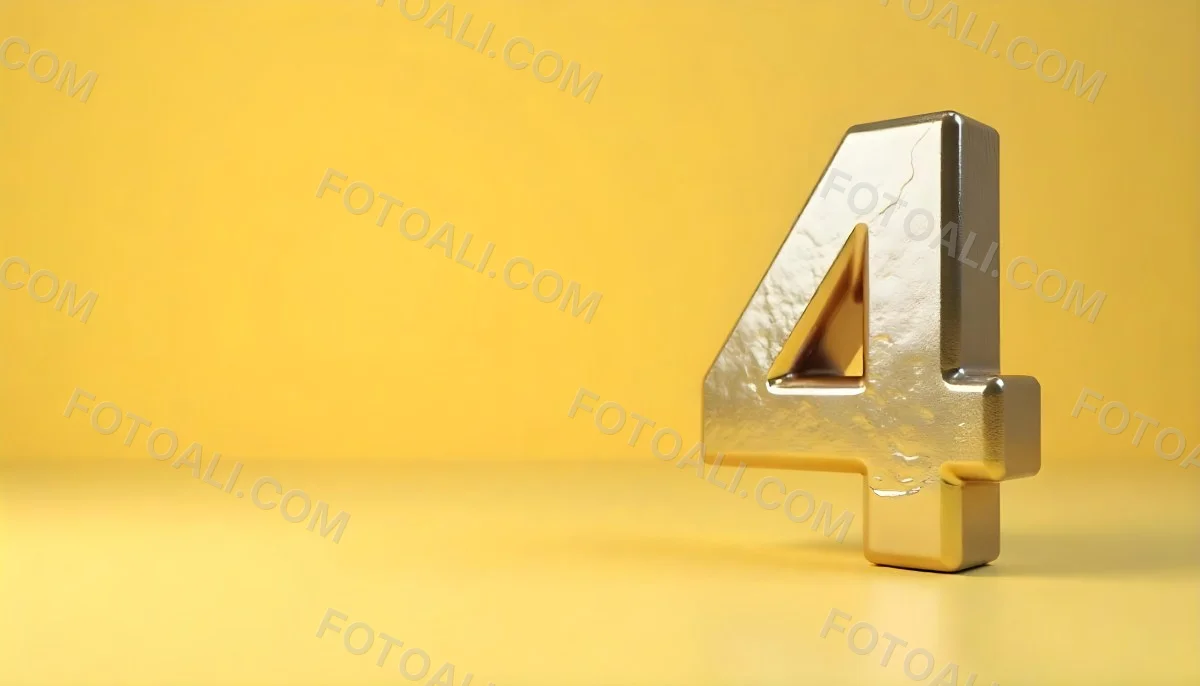 Golden Number Four With A Rough Texture Standing On A Reflective Surface With A Soft Yellow Background 11 00bf
