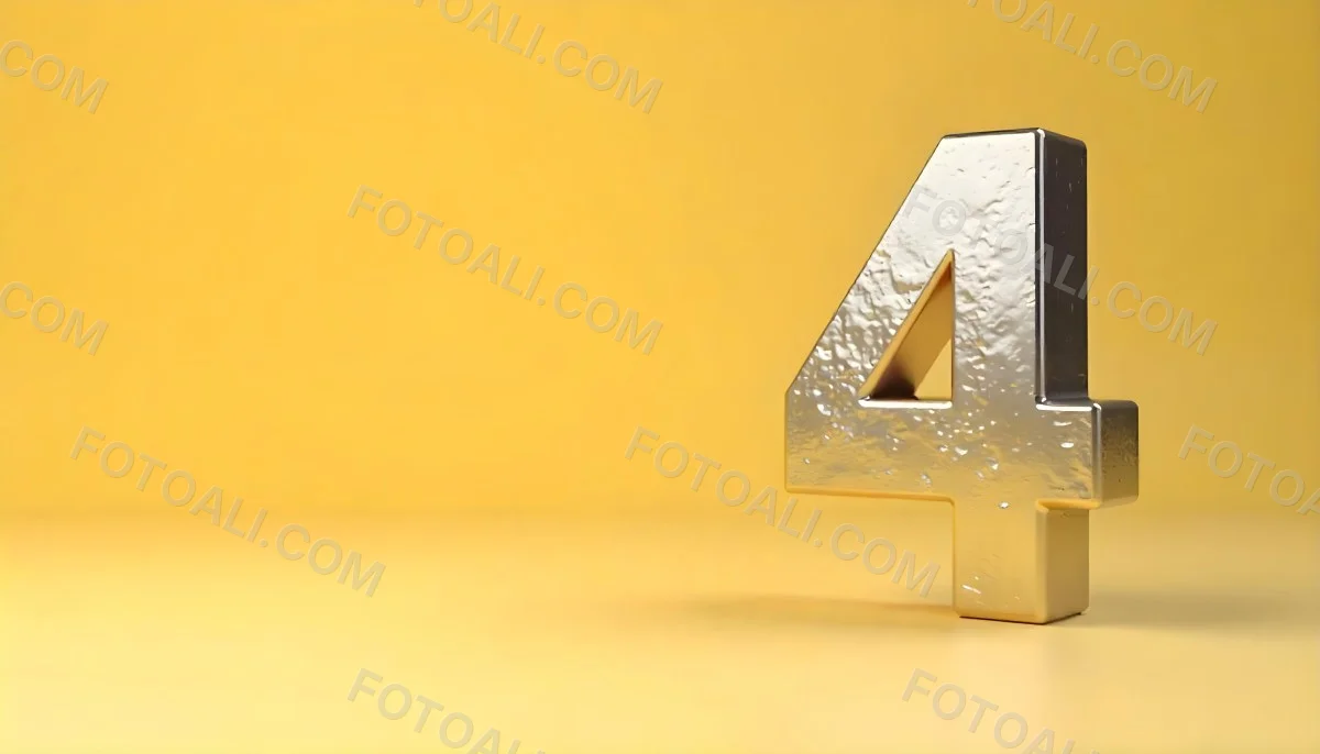 Golden Number Four With A Rough Texture Standing On A Reflective Surface With A Soft Yellow Background 14 873a