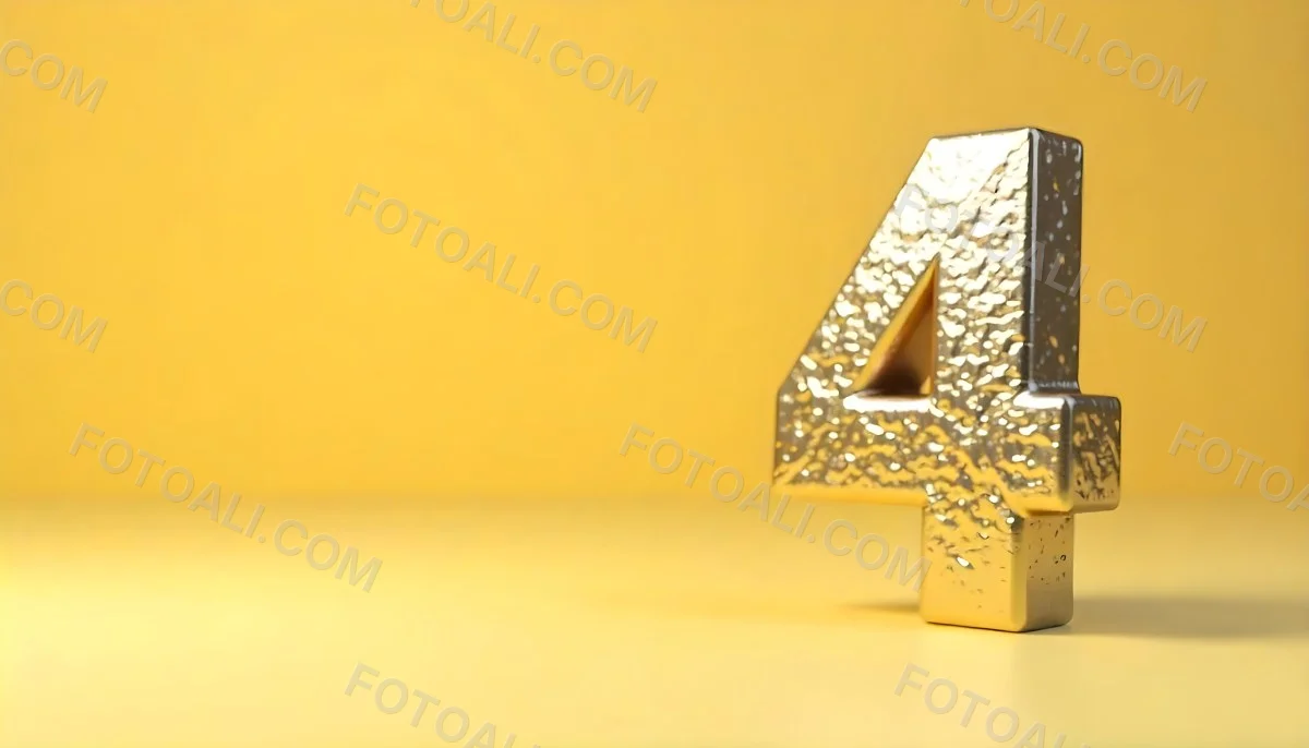 Golden Number Four With A Rough Texture Standing On A Reflective Surface With A Soft Yellow Background 16 556f