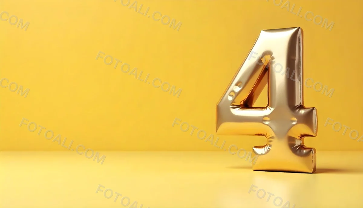 Golden Number Four With A Rough Texture Standing On A Reflective Surface With A Soft Yellow Background 17 F54e