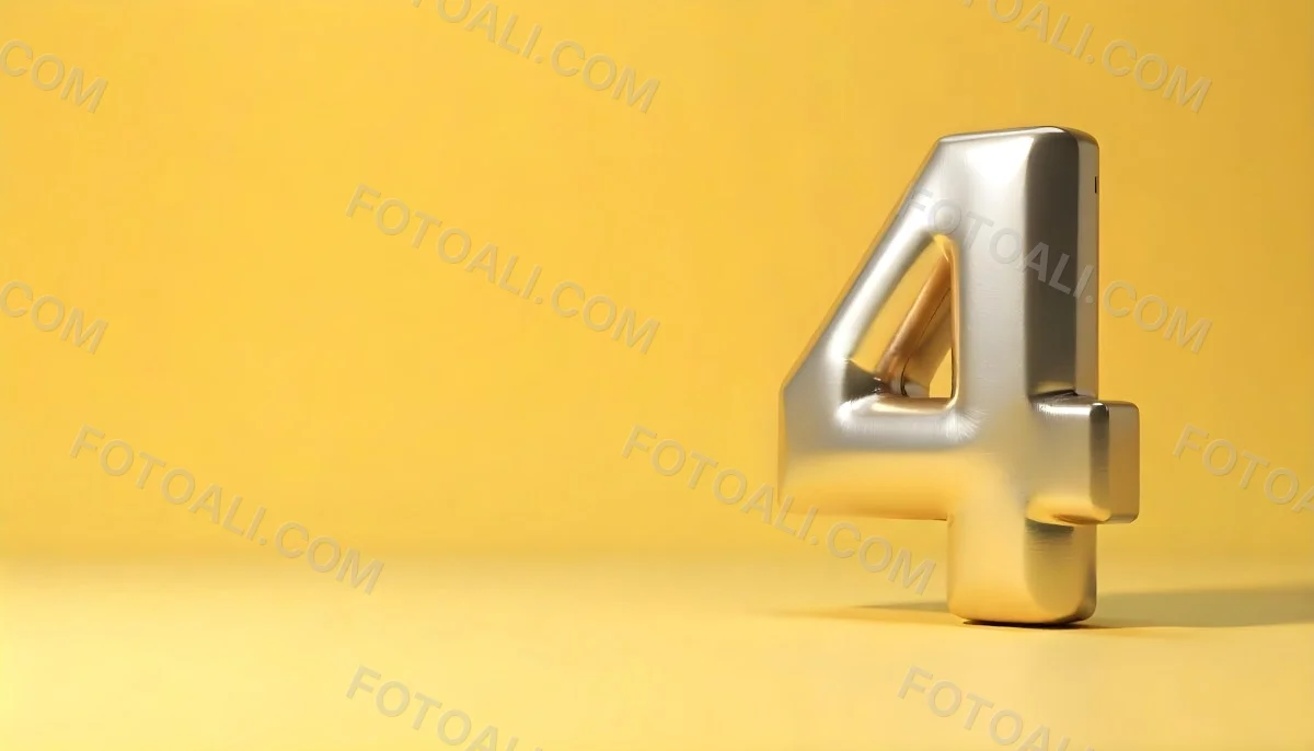 Golden Number Four With A Rough Texture Standing On A Reflective Surface With A Soft Yellow Background 2 C243