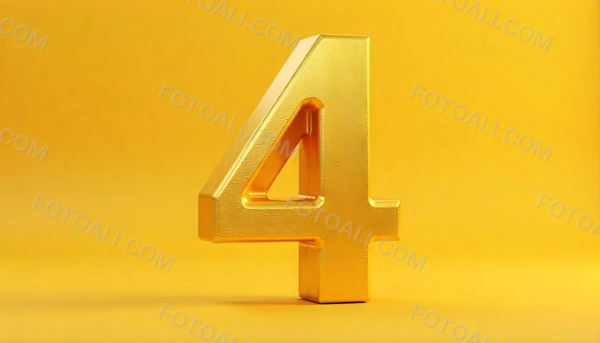 Golden Number Four With A Rough Texture Standing On A Reflective Surface With A Soft Yellow Background 20 F7ba