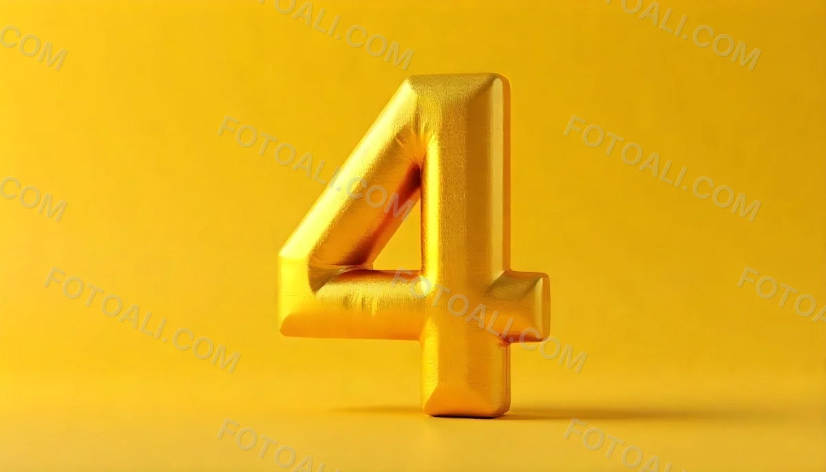Golden Number Four With A Rough Texture Standing On A Reflective Surface With A Soft Yellow Background 21 E67b