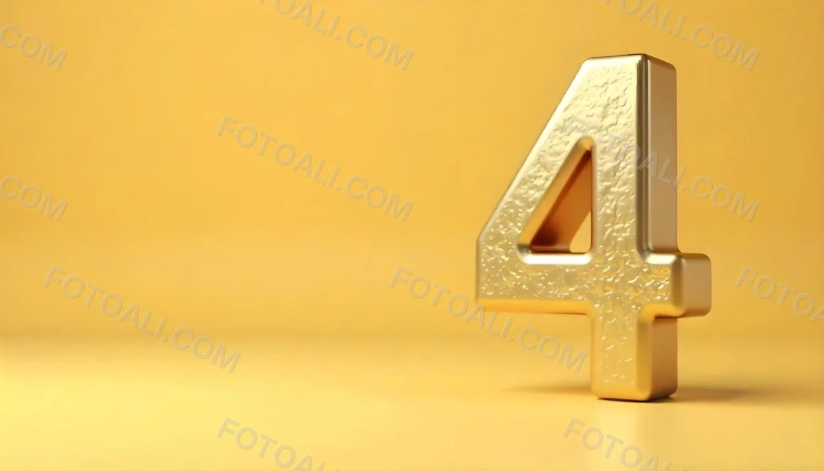 Golden Number Four With A Rough Texture Standing On A Reflective Surface With A Soft Yellow Background 22 8b24