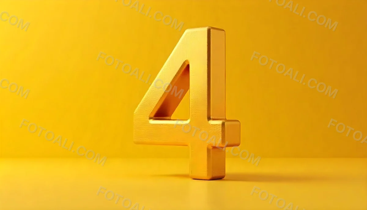 Golden Number Four With A Rough Texture Standing On A Reflective Surface With A Soft Yellow Background 23 B177