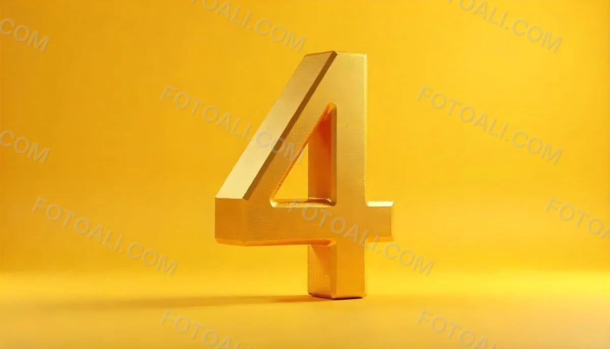 Golden Number Four With A Rough Texture Standing On A Reflective Surface With A Soft Yellow Background 24 6e15