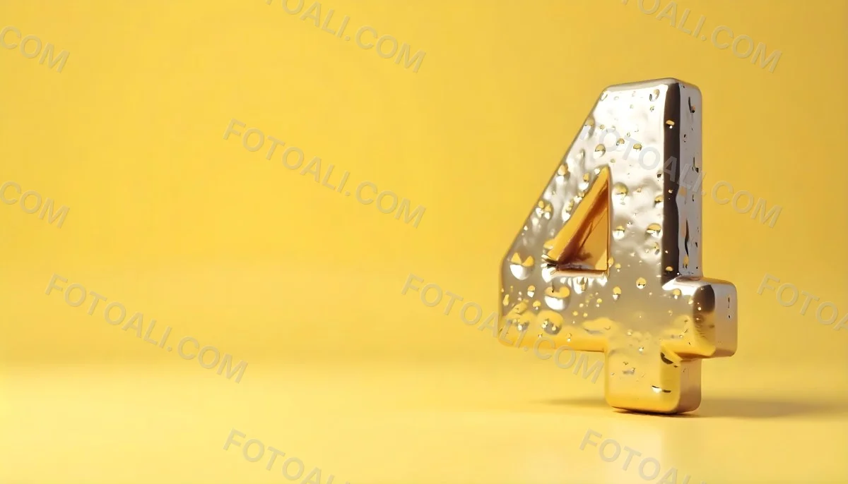 Golden Number Four With A Rough Texture Standing On A Reflective Surface With A Soft Yellow Background 3 A7d1