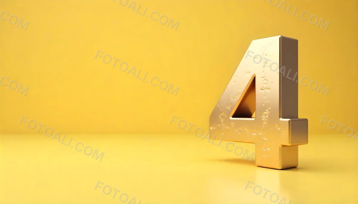Golden Number Four With A Rough Texture Standing On A Reflective Surface With A Soft Yellow Background 4 8e28