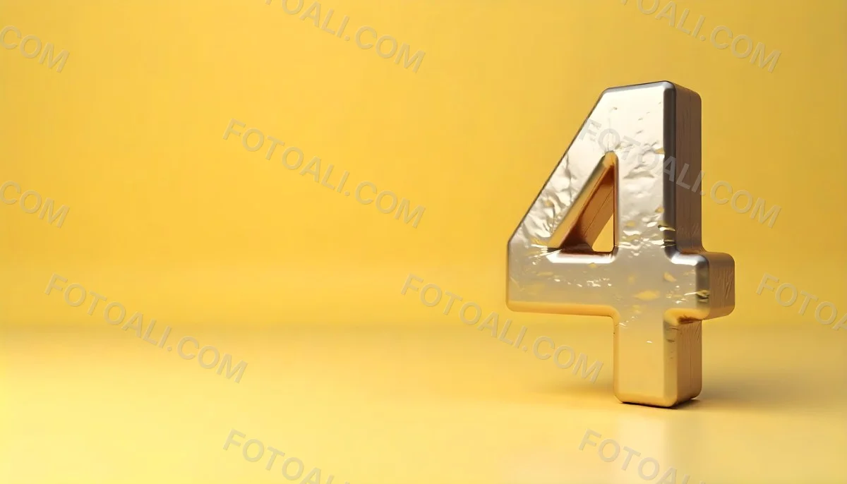 Golden Number Four With A Rough Texture Standing On A Reflective Surface With A Soft Yellow Background 5 91df