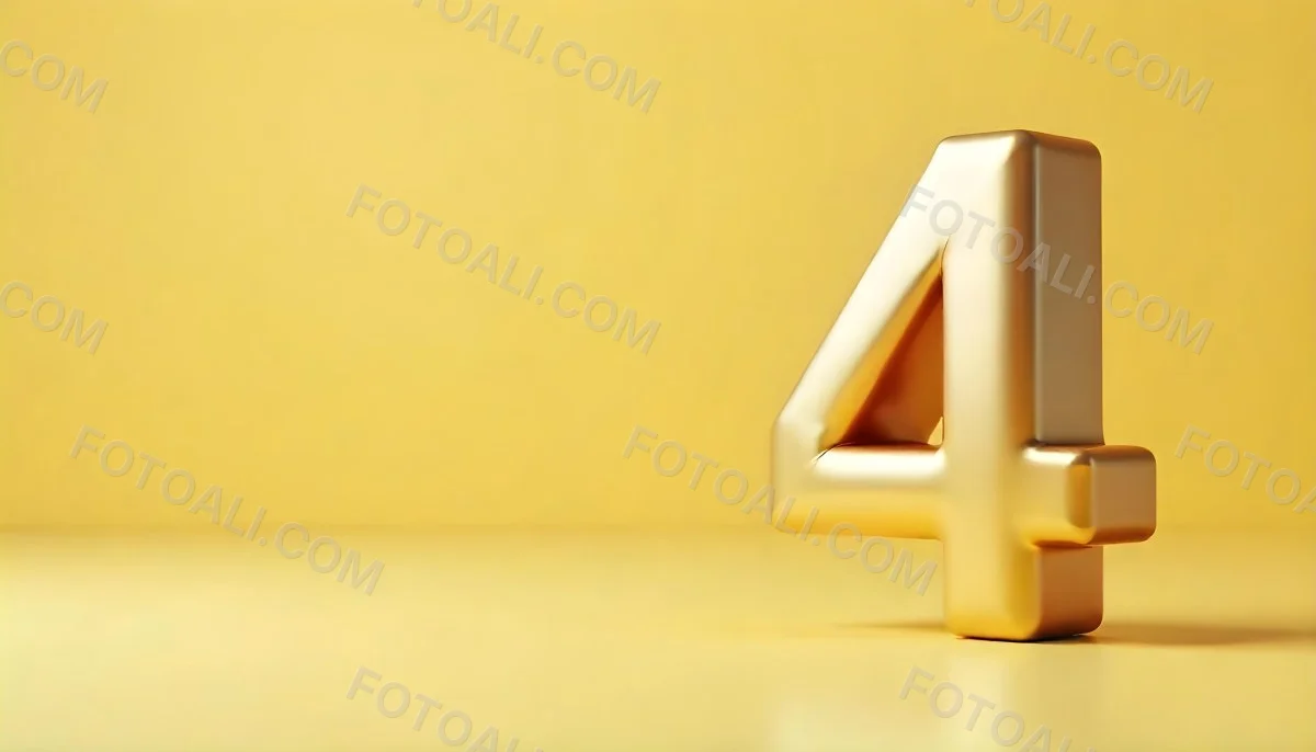 Golden Number Four With A Rough Texture Standing On A Reflective Surface With A Soft Yellow Background 6 1d14