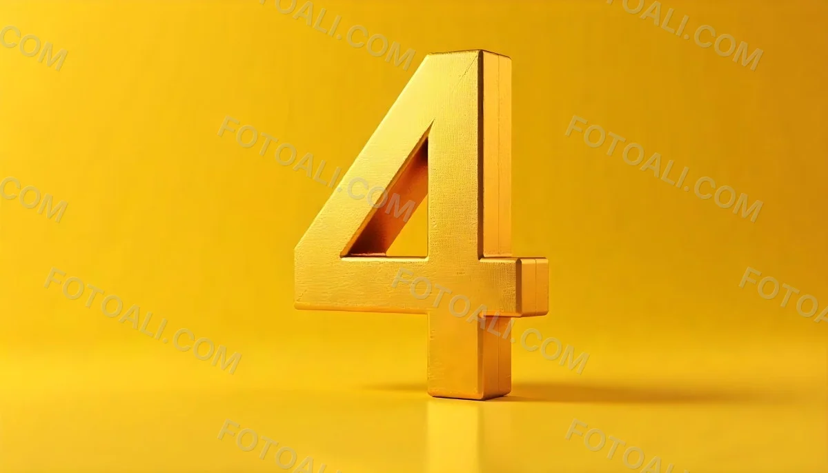 Golden Number Four With A Rough Texture Standing On A Reflective Surface With A Soft Yellow Background 7 33ed