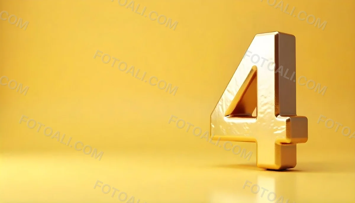 Golden Number Four With A Rough Texture Standing On A Reflective Surface With A Soft Yellow Background 8 8bba