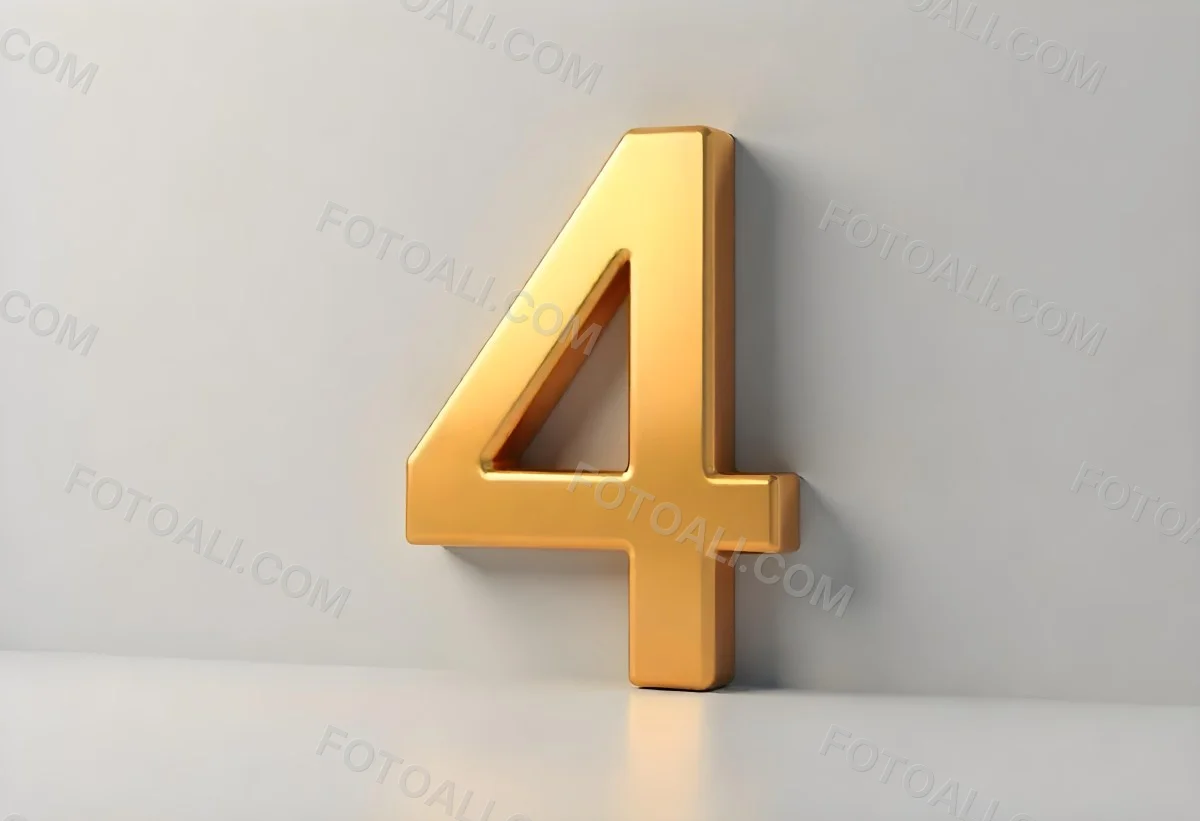 Golden Number Four With Smooth Edges Casting A Soft Shadow On A Neutral Gray Background Clean And Minimalist Design Elegant Typography 10 0314
