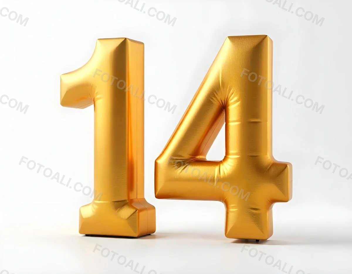 Golden Number Fourteen In A White Background 1 4d78