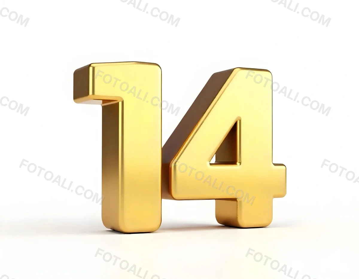 Golden Number Fourteen In A White Background 12 1764