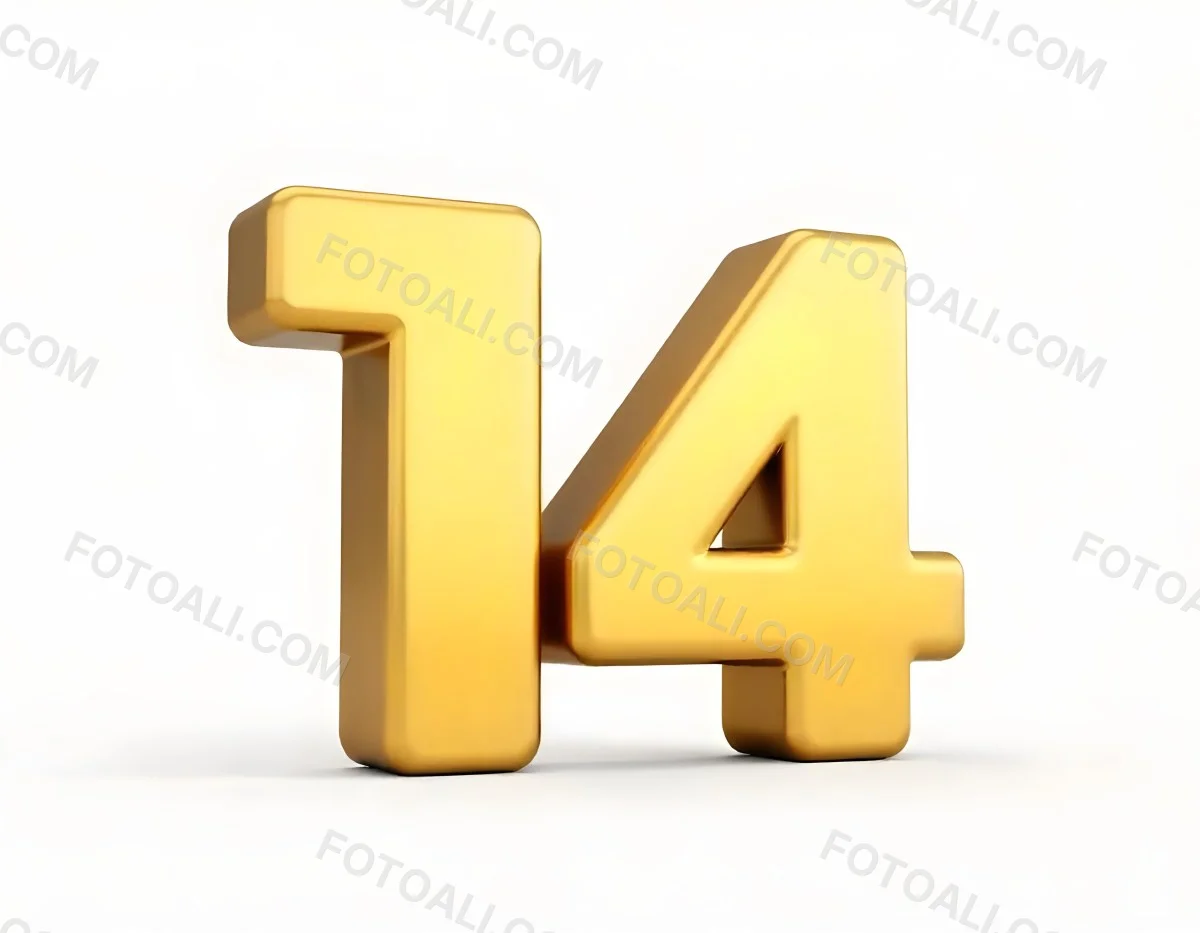 Golden Number Fourteen In A White Background 15 076d