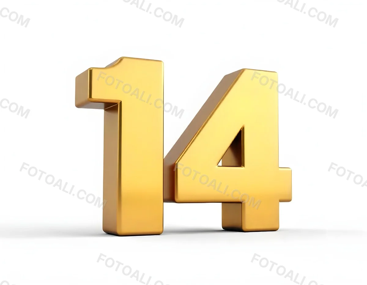 Golden Number Fourteen In A White Background 17 7789