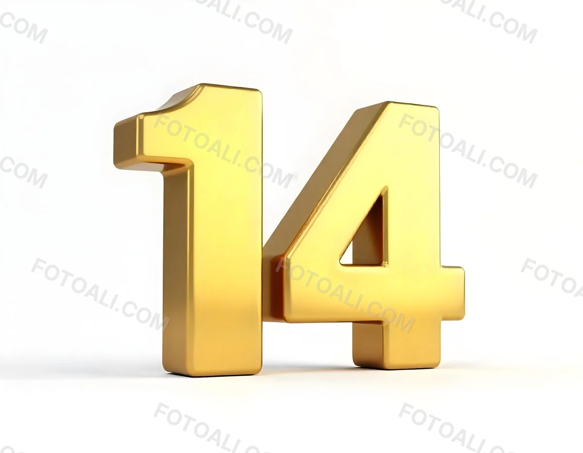 Golden Number Fourteen In A White Background 7 B04b