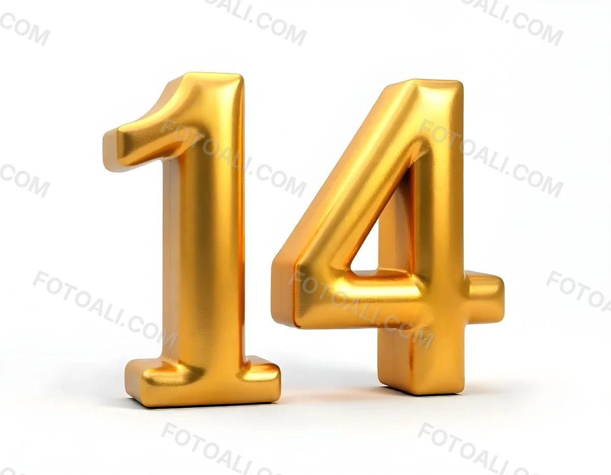 Golden Number Fourteen In A White Background 8 6576