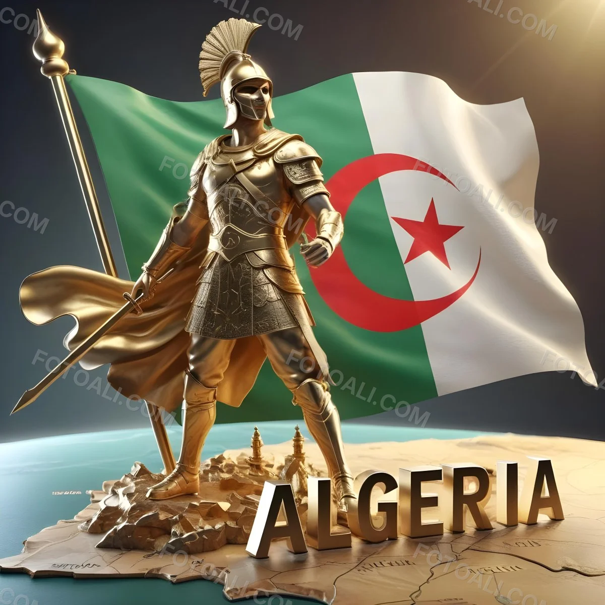 Golden Statue Of A 30 Year Old Arab Man With A Sword And A Turban In Front Of The Algerian Flag On Top Of A Golden City 1 97c3