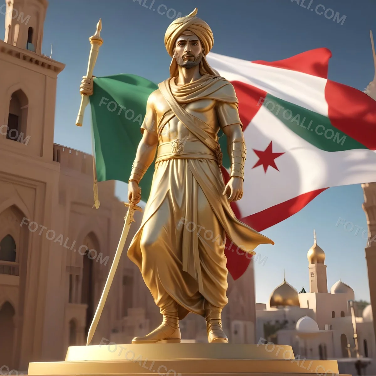 Golden Statue Of A 30 Year Old Arab Man With A Sword And A Turban In Front Of The Algerian Flag On Top Of A Golden City 2 Fefe