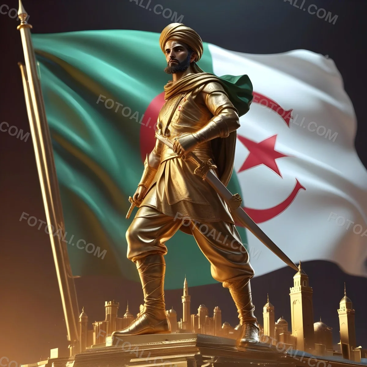 Golden Statue Of A 30 Year Old Arab Man With A Sword And A Turban In Front Of The Algerian Flag On Top Of A Golden City 3 4396