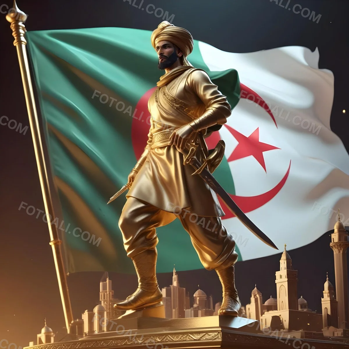 Golden Statue Of A 30 Year Old Arab Man With A Sword And A Turban In Front Of The Algerian Flag On Top Of A Golden City 4 0544