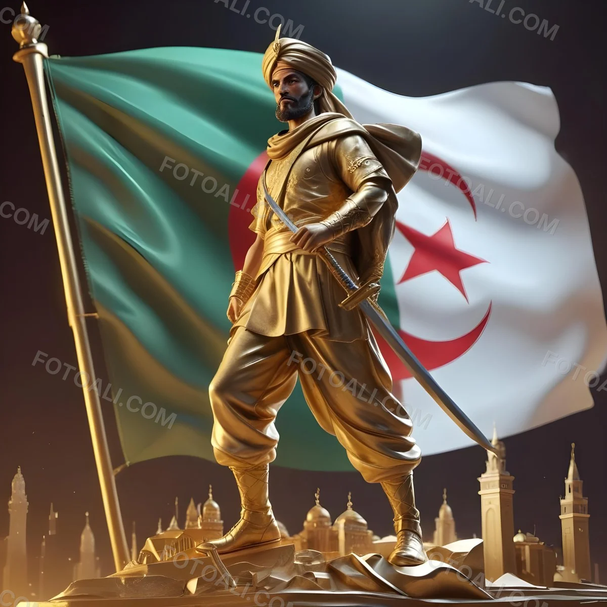 Golden Statue Of A 30 Year Old Arab Man With A Sword And A Turban In Front Of The Algerian Flag On Top Of A Golden City 5 049c