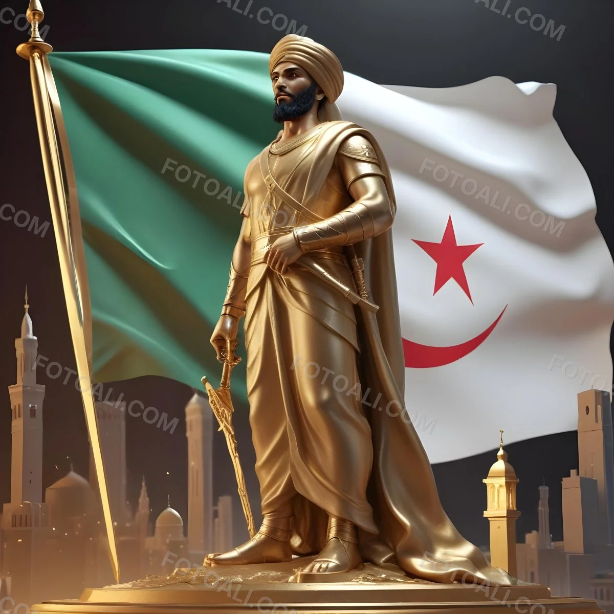 Golden Statue Of A 30 Year Old Arab Man With A Sword And A Turban In Front Of The Algerian Flag On Top Of A Golden City 6 B17a