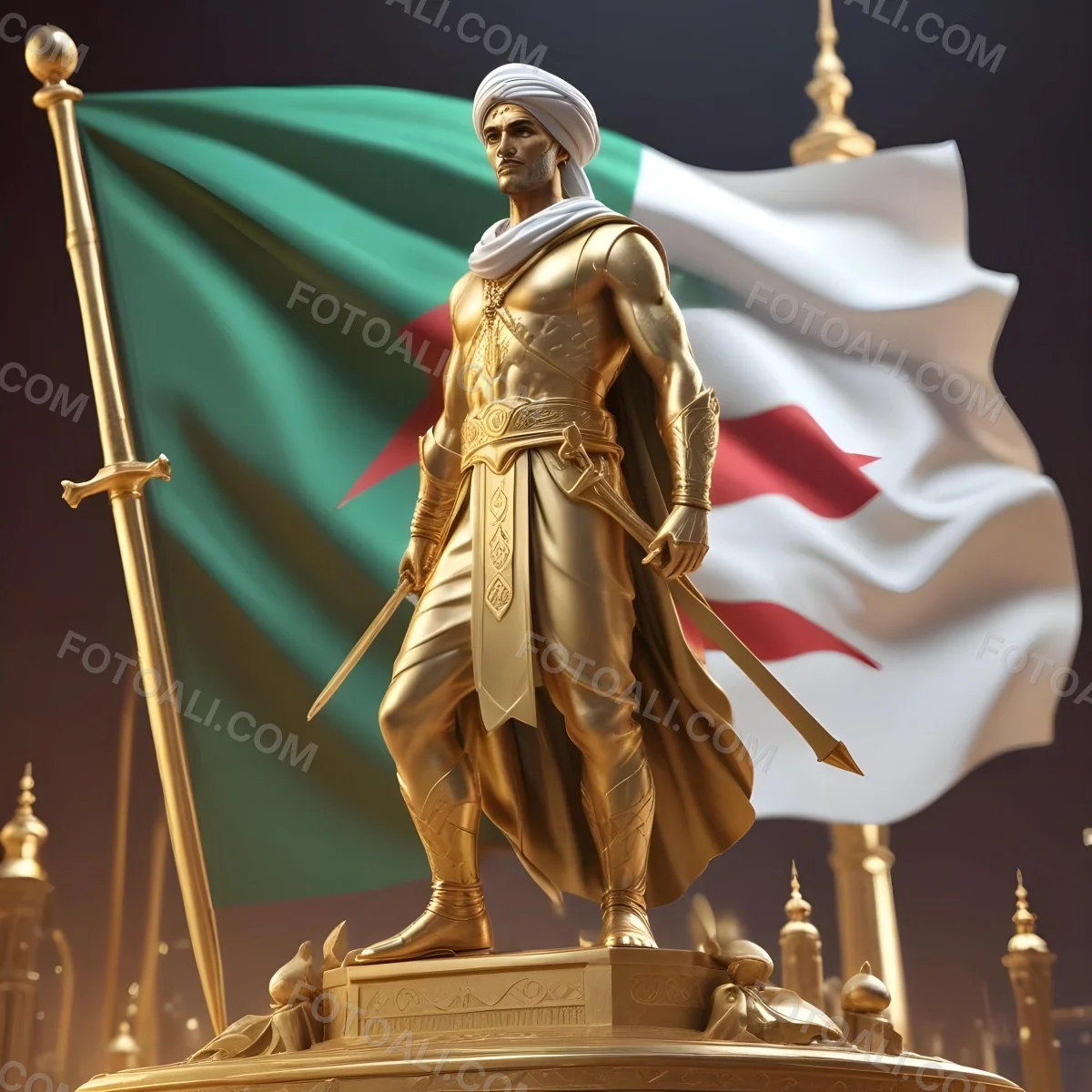 Golden Statue Of A 30 Year Old Arab Man With A Sword And A Turban In Front Of The Algerian Flag On Top Of A Golden City 7 A611