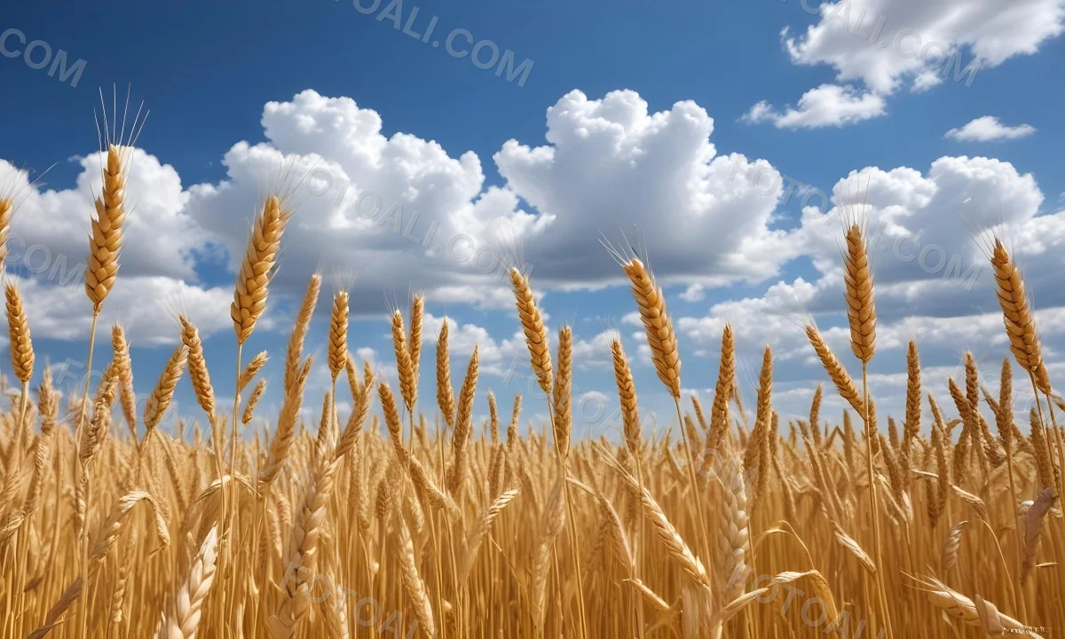 Golden Wheat Field With Tall Stalks Against A Backdrop Of Blue Sky And Fluffy White Clouds 20 8c1c