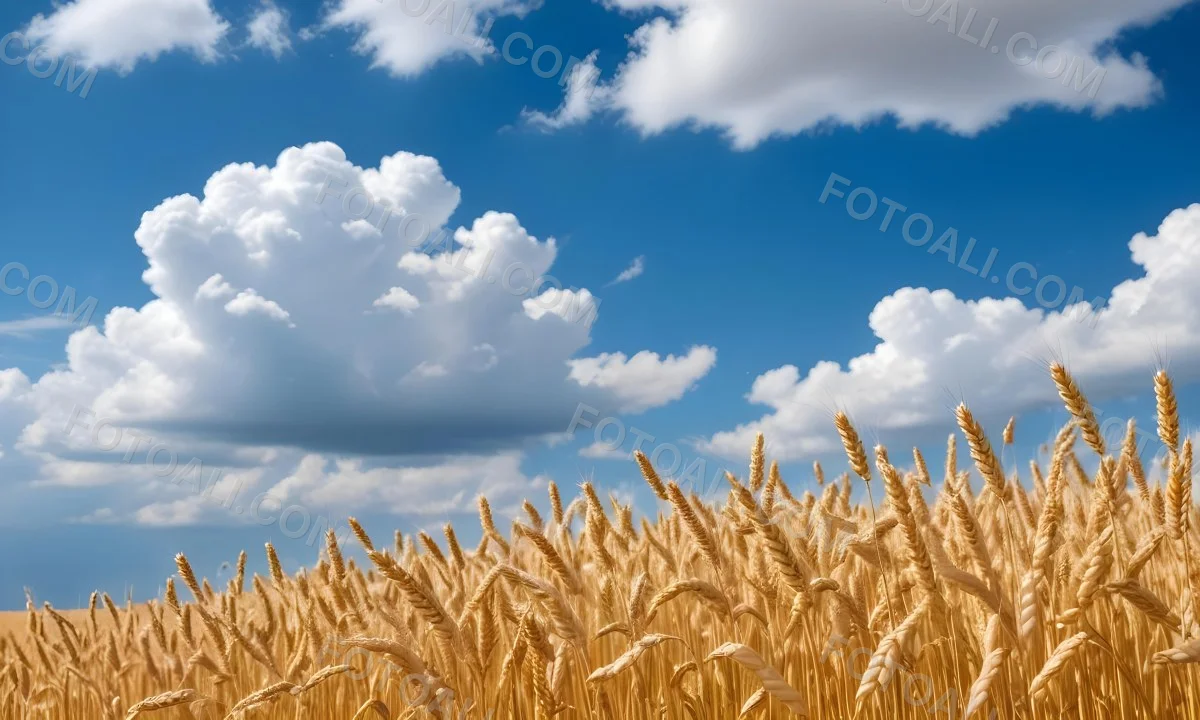 Golden Wheat Field With Tall Stalks Against A Backdrop Of Blue Sky And Fluffy White Clouds 31 Bb0a