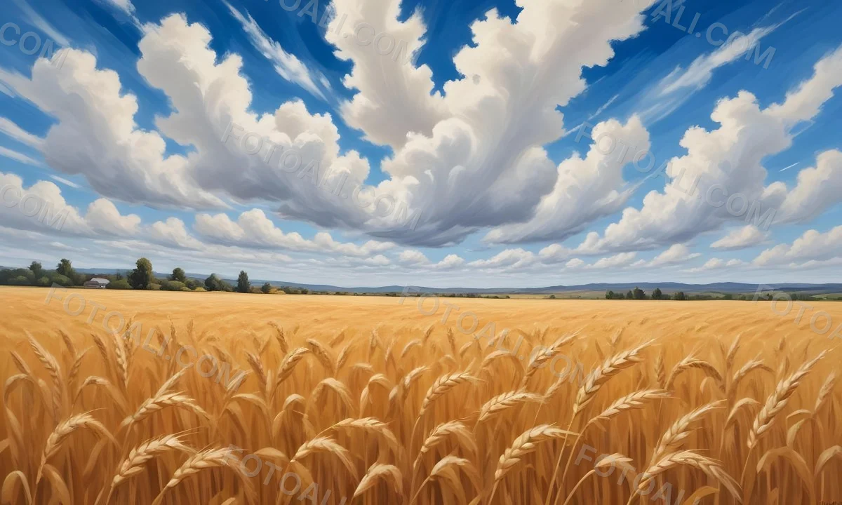 Golden Wheat Field With Tall Stalks Against A Backdrop Of Blue Sky And Fluffy White Clouds 7 F411