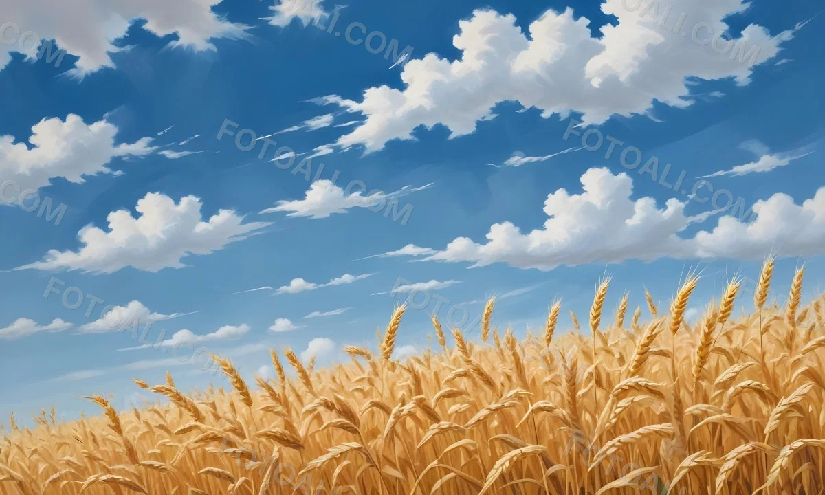 Golden Wheat Field With Tall Stalks Against A Backdrop Of Blue Sky And Fluffy White Clouds 8 E1b5