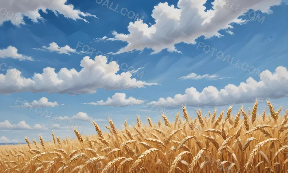 Golden Wheat Field With Tall Stalks Against A Backdrop Of Blue Sky And Fluffy White Clouds 9 7641