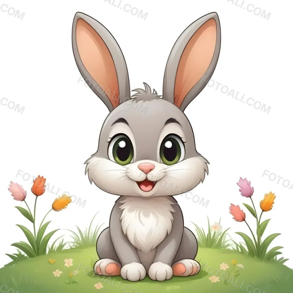 Gray Rabbit With Big Green Eyes And Long Ears Sitting On A Green Grass Field With Flowers Cartoon Style White Background 12 0b50
