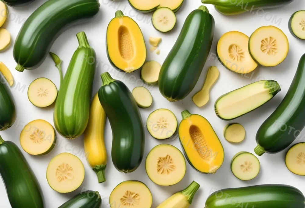 Green And Yellow Zucchini Squash On A White Background 17 404b